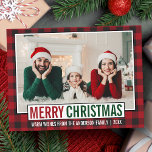Cartão Postal Xadrez Vermelha de Foto da Família de Feliz Natal<br><div class="desc">Cartão-postal da família de Natal feliz e moderno - Xadrez vermelha russa</div>