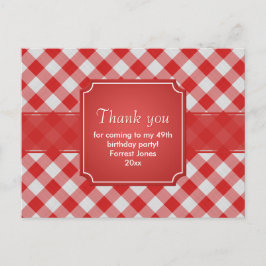 Cartão Postal Xadrez Vermelho Gingham Agradecimento Padrão Geomé