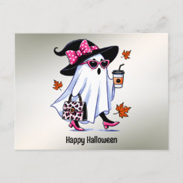 Cartão Postal Xícara de Café de Halloween Bruxa Fantasma Fofo Es