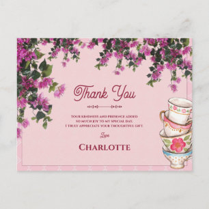Cartão Postal Xícara de Chá Rosa Vintage Pilha Obrigado Chá de N