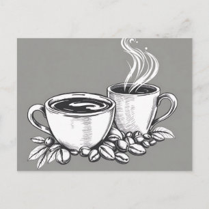 Cartão Postal Xícaras de Café e Grãos Monocromáticos