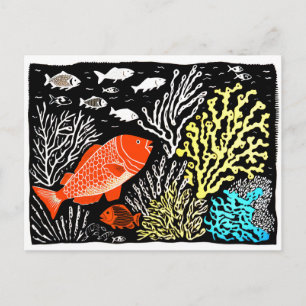 Cartão Postal Xilogravura de Peixe Vermelho Nadar no Recife de C