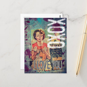 Cartão Postal XOXO Eu Amo Você Colagem Retro Mídia Mista