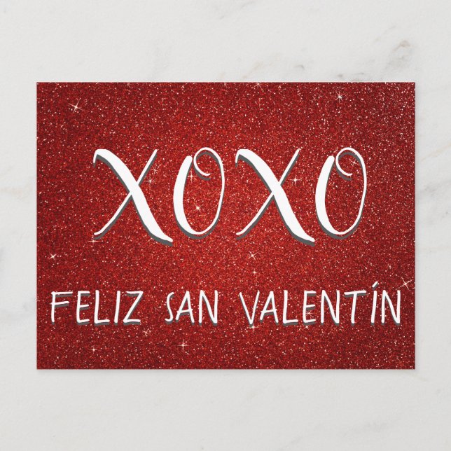Cartão Postal XOXO Feliz San Valentín Red Sparkle e Glitter (Frente)