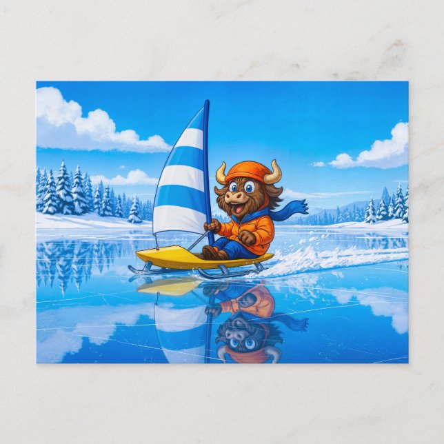 Cartão Postal Yak Ice Sailing on a Frozen Winter Lake (Frente)