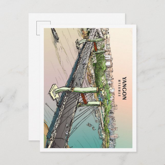 Cartão Postal Yangon Myanmar Sketch Art Viagens vintage (Frente/Verso)