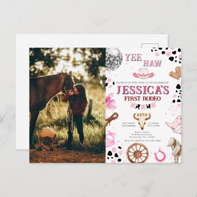 Cartão Postal Yee Haw Disco Cowgirl Foto Rodeio Aniversário (Frente/Verso)