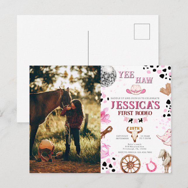 Cartão Postal Yee Haw Disco Cowgirl Foto Rodeo Aniversário (Frente/Verso)