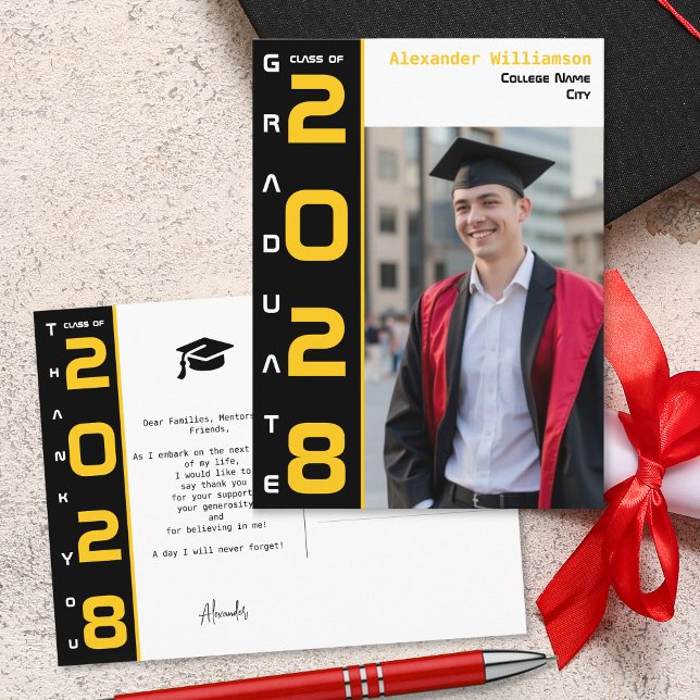Cartão Postal Yellow Black White Graduation Photo Thank You (Criador carregado)