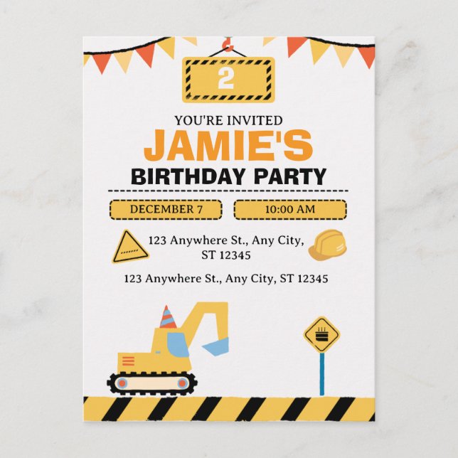 Cartão Postal Yellow Cute Construction Truck Boys 2nd Birthday (Frente)