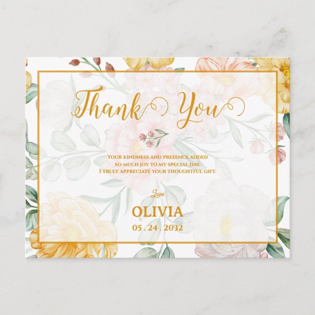 Cartão Postal  Yellow Floral Romantic Bridal Shower Thank You (Frente)
