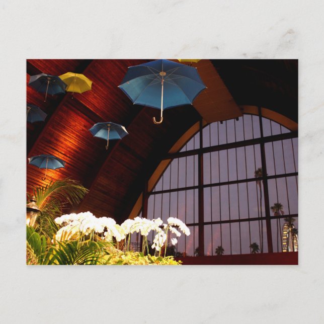 Cartão Postal Yellow Umbrella White Flowers Blue Art Photo (Frente)