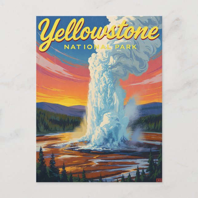 Cartão Postal Yellowstone Old Faithful Geyser Art (Frente)