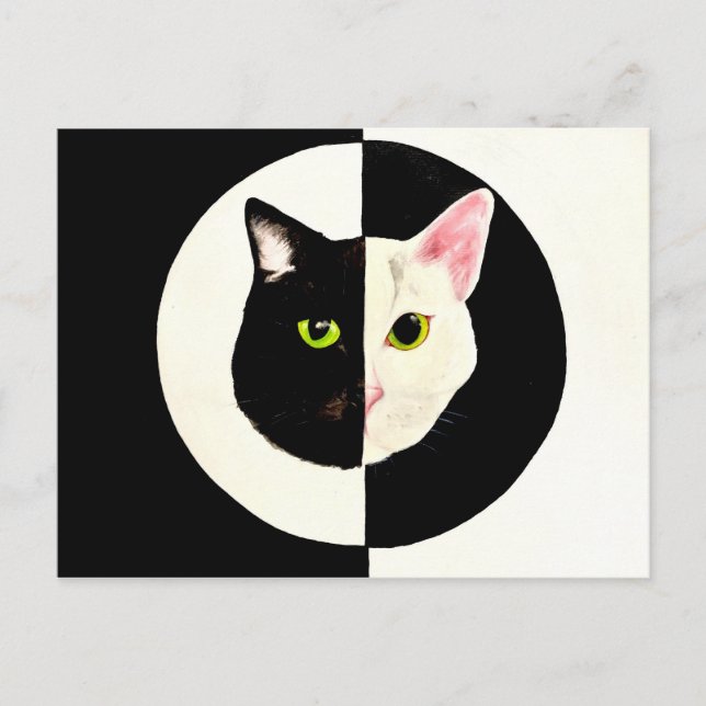 Cartão Postal Yin e yang black and white cats faces pintura (Frente)