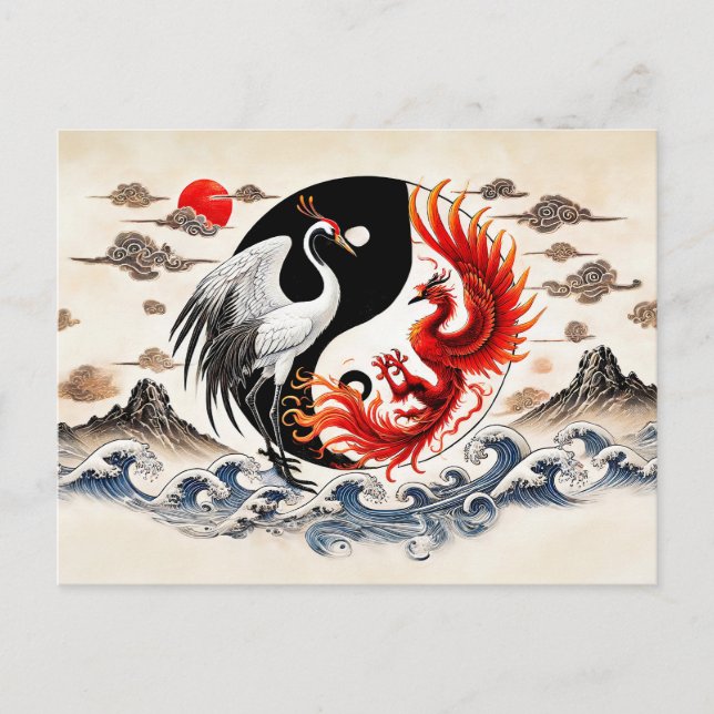 Cartão Postal Yin e Yang Crane e Phoenix no Estilo de Arte Asiát (Frente)