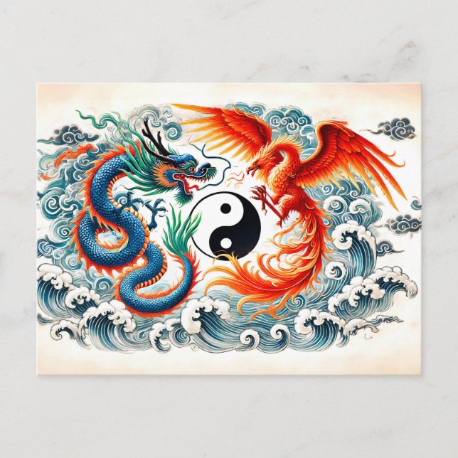 Cartão Postal Yin e Yang Dragon e Phoenix no Estilo de Arte Asiá (Frente)
