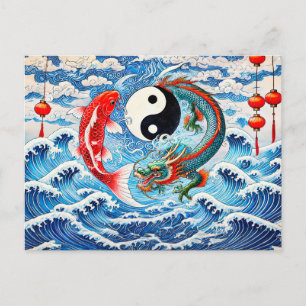 Cartão Postal Yin e Yang Koi e Dragão no Estilo de Arte Asiático