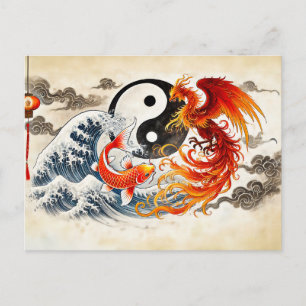 Cartão Postal Yin e Yang Koi e Fênix no Estilo de Arte Asiática
