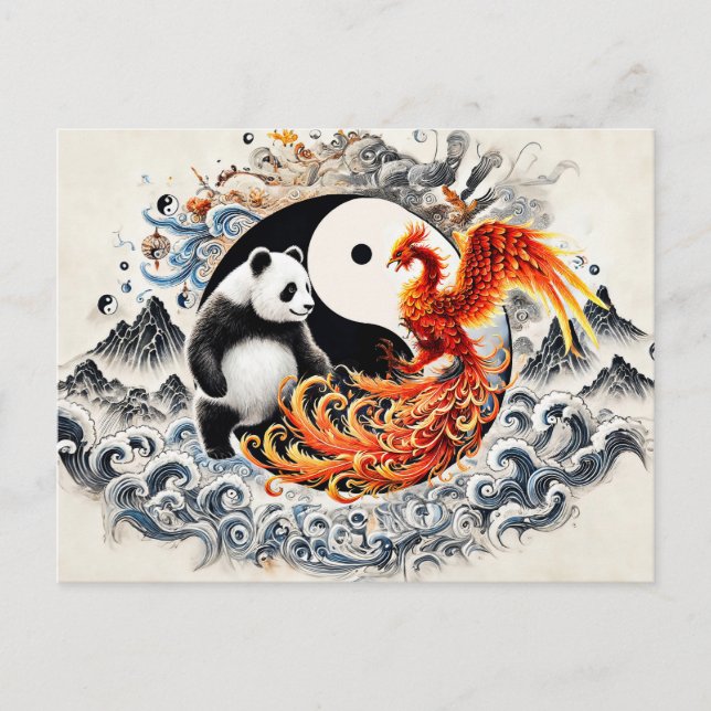 Cartão Postal Yin e Yang Panda e Phoenix no Estilo de Arte Asiát (Frente)