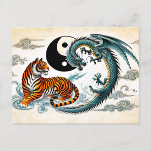 Cartão Postal Yin e Yang Tiger e Dragão no Estilo de Arte Asiáti