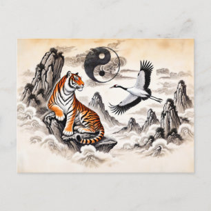Cartão Postal Yin e Yang Tigre e Grou em Estilo de Arte Asiática