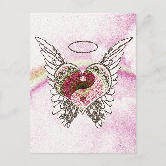 Cartão Postal Yin Yang Heart Angel Wings Watercolor (Frente)