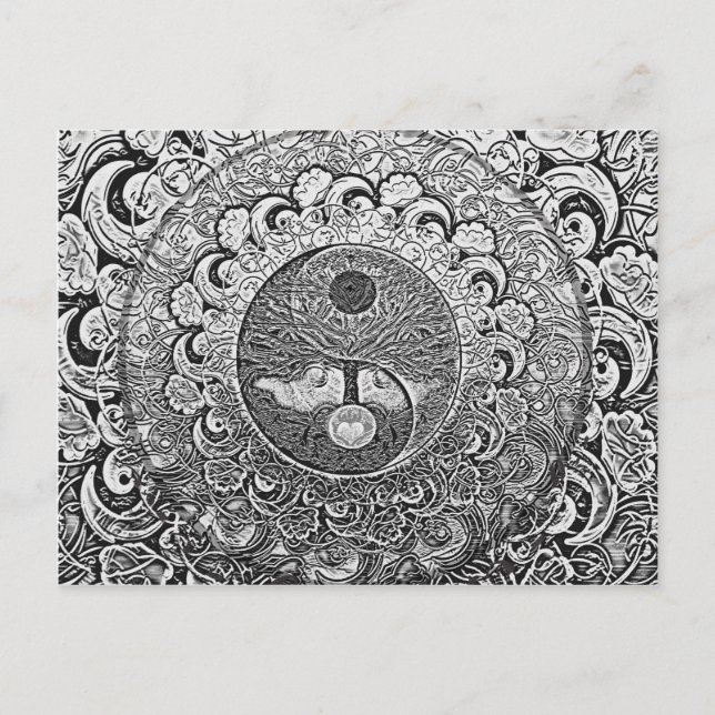 Cartão Postal Yin Yang Tree of Life in Silver and Chrome (Frente)