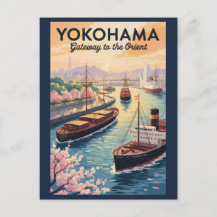 Cartão Postal Yokohama Japão Ilustração Arte de Viagem Vintage