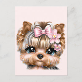 Cartão Postal Yorkie bonito com um Arco rosa