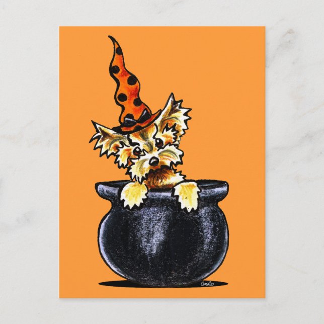 Cartão Postal Yorkie Halloween Boa Bruxa Sem Coleira Arte™ (Frente)