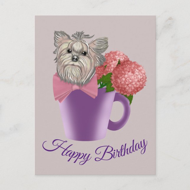 Cartão Postal Yorkshire Terrier com flores Feliz aniversário (Frente)