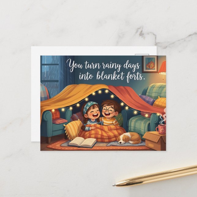 Cartão Postal "You Turn Rainy Days into Blanket Forts" Cozy Kids (Frente/Verso In Situ)