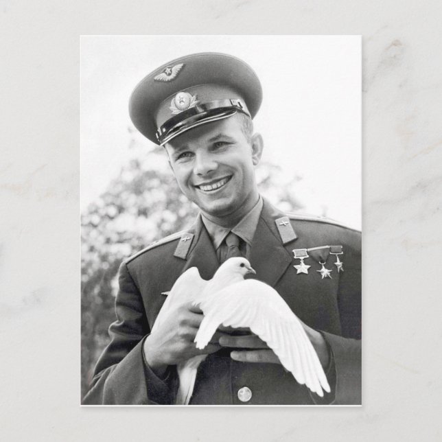 Cartão Postal Yuri Gagarin com pombo branco, símbolo da paz, (Frente)