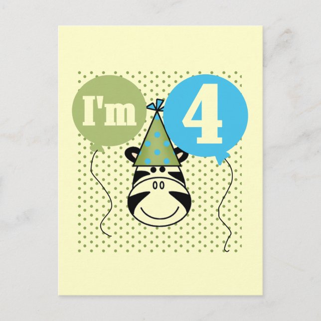 Cartão Postal Zebra 4º Aniversário T-shirts e presentes (Frente)