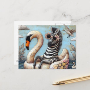 Cartão Postal Zebra Adorável num Cisne Inflável