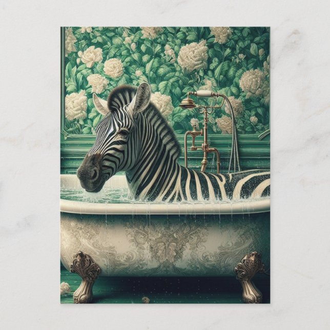 Cartão Postal Zebra Engraçada em Banheira Floral (Frente)