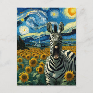 Cartão Postal Zebra Engraçada em Campo de Girassóis de Van Gogh 