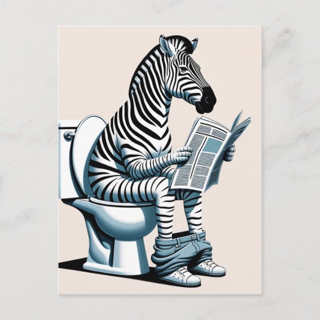 Cartão Postal Zebra Engraçada em Leitura de Banheiro (Frente)
