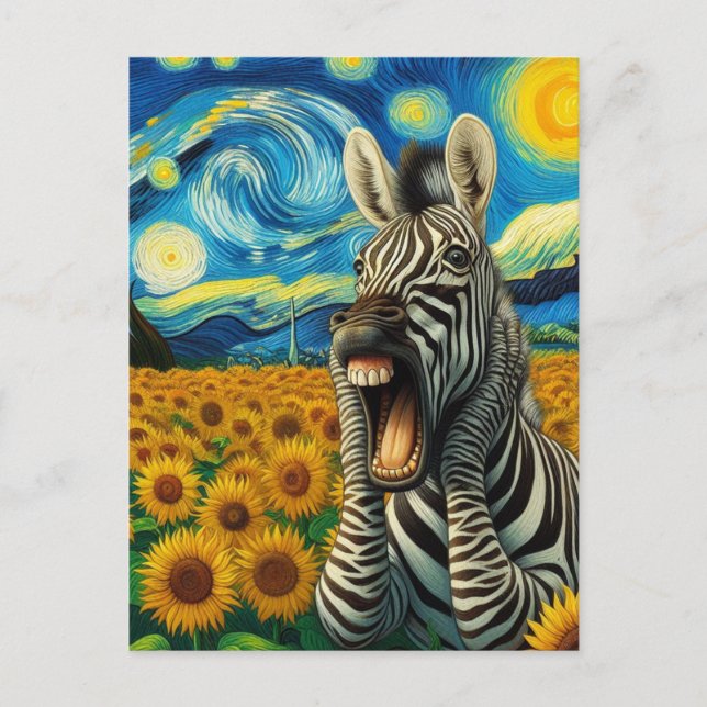 Cartão Postal Zebra gritando num campo de girassol Faux Van Gogh (Frente)