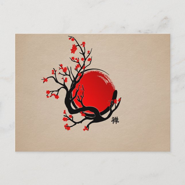 Cartão Postal Zen Enso Circle, Sun and Red Sakura Blossom (Frente)