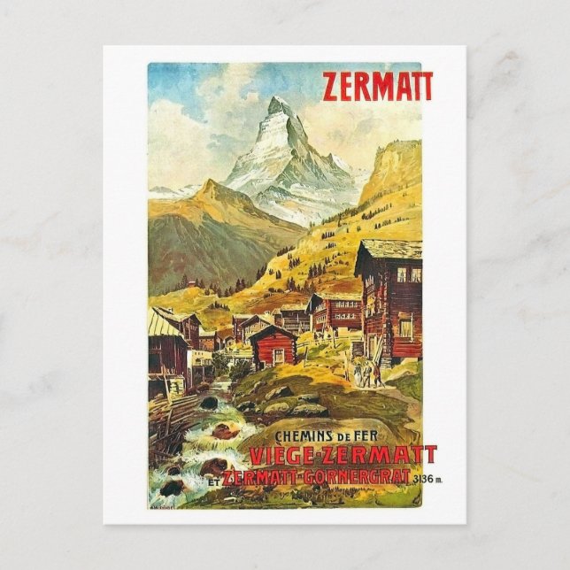Cartão Postal Zermat, pico de montanha, Suiça, vinheta de verão (Frente)