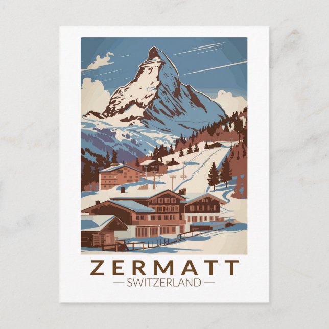 Cartão Postal Zermatt Suíça Ilustração Arte de Viagem Retro (Frente)