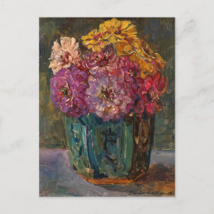 Cartão Postal Zinnias em uma Jarra Verde