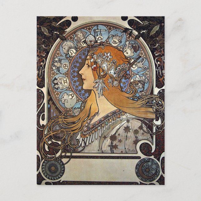 Cartão Postal Zodiac Woman de Alphonse Mucha - Art Nouveau (Frente)