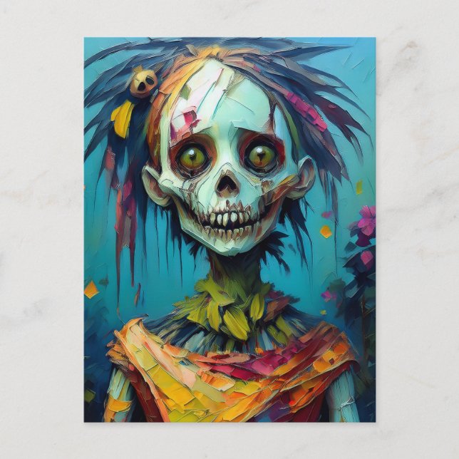Cartão Postal Zombie Doll with Yellow Eyes and Tattered Dress (Frente)