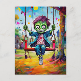 Cartão Postal Zombie Kid sorridente em Swing com Sinalizadores d