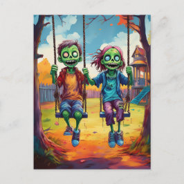 Cartão Postal Zombie Kids em Swings no outono