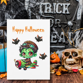 Cartão Postal Zumbi Piloto voando Avião & Morcego Funny Hallowee