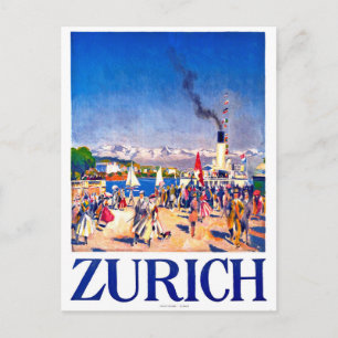 Cartão Postal Zurique, navio turístico no cais da cidade, Suíça