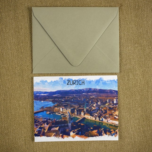 Cartão Postal Zurique Suiça Panorama Ver Aquarela (zurich switzerland panorama view watercolor postcard)